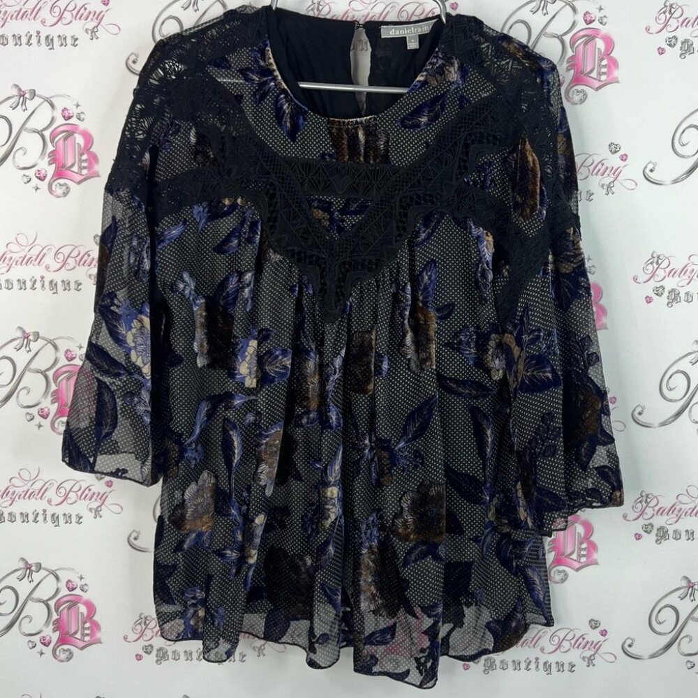 Daniel Rainn blouse velvet floral details crochet Black and Blue Floral Blouse
